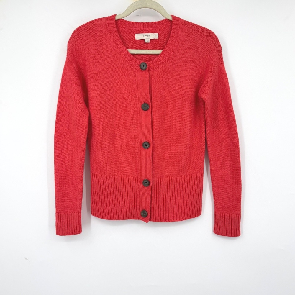 LOFT Cardigan Sweater Medium Red Button Front Merino Wool Blend